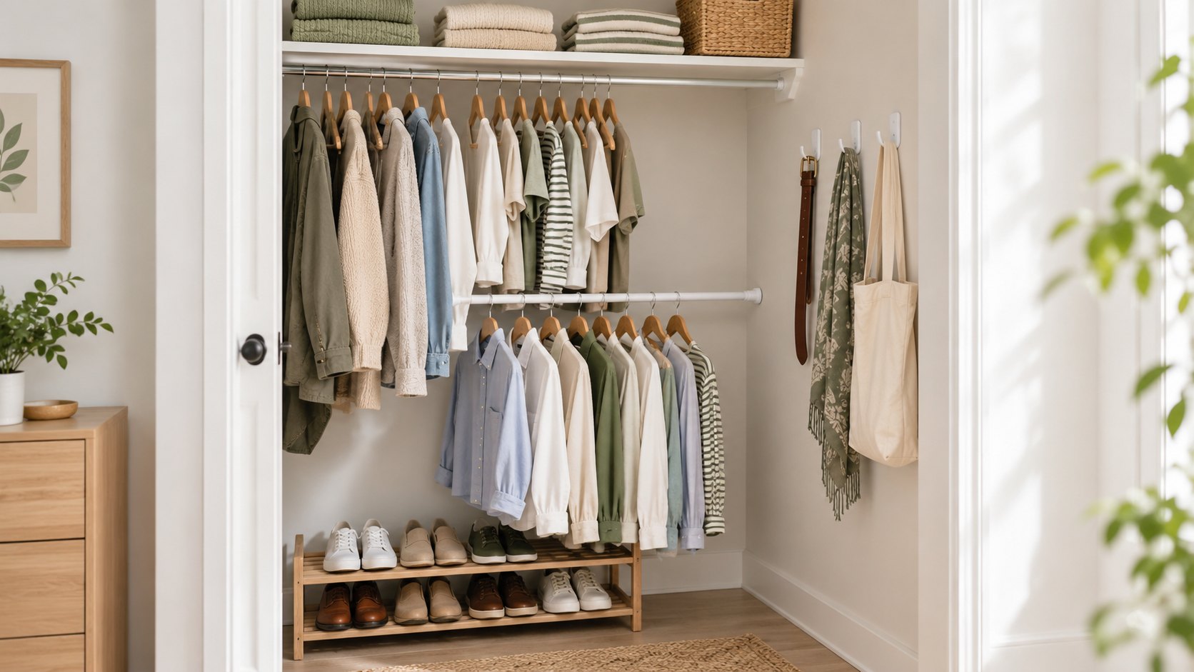 Renter-Friendly Closet Organization With Adhesive Hooks and Tension Rods
