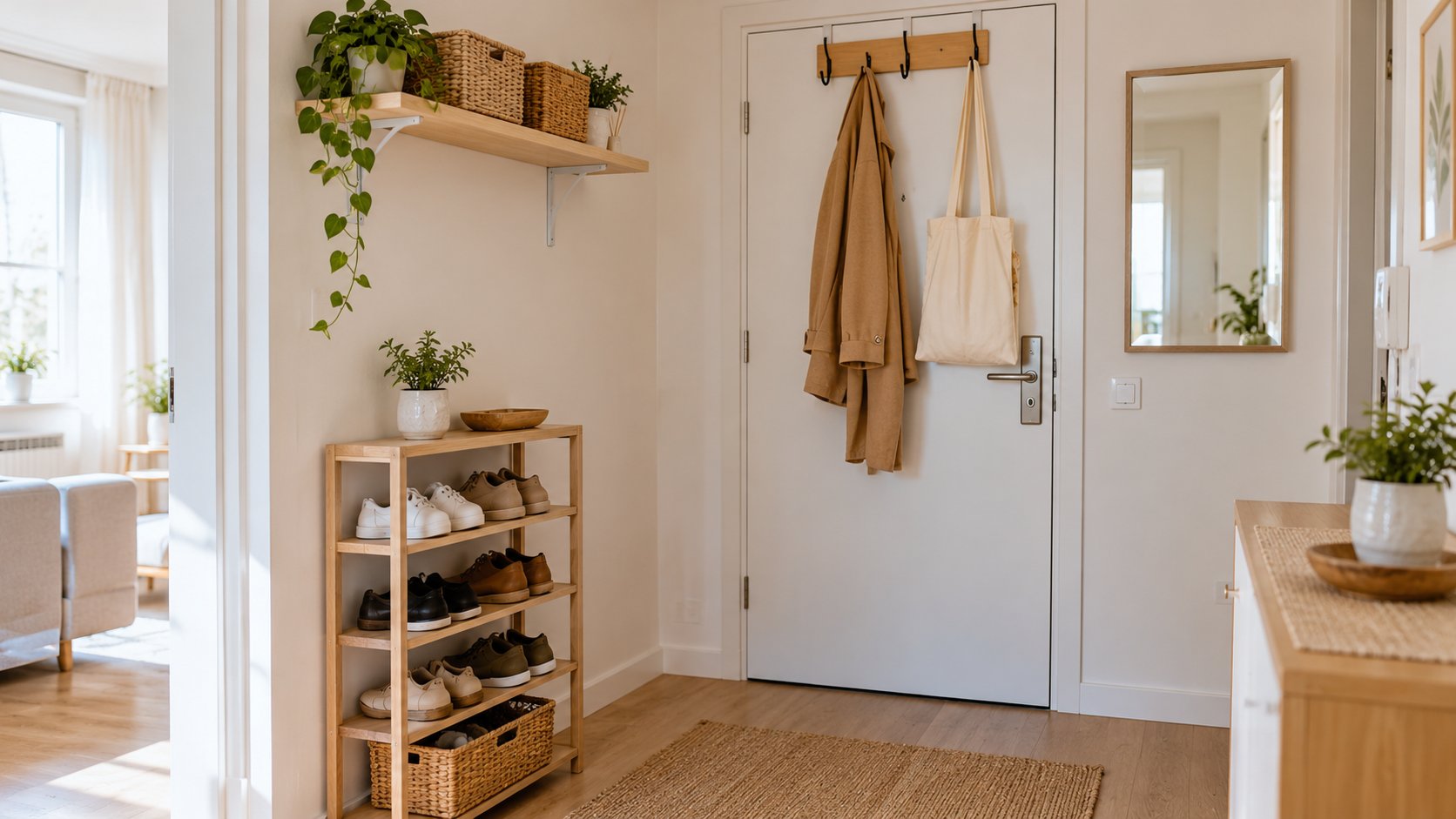 Bright small entryway with a wall shelf and baskets, door hooks, a slim wooden shoe rack and a mirror