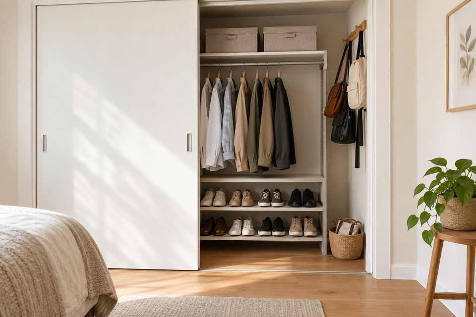 Shoes and Bags in a Closet With Sliding Doors: A Half-Open Plan That Still Works